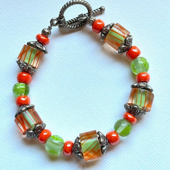Handcrafted Artisan Orange & Green Glass Bead Bracelet Toggle Clasp - Picture 1 of 7